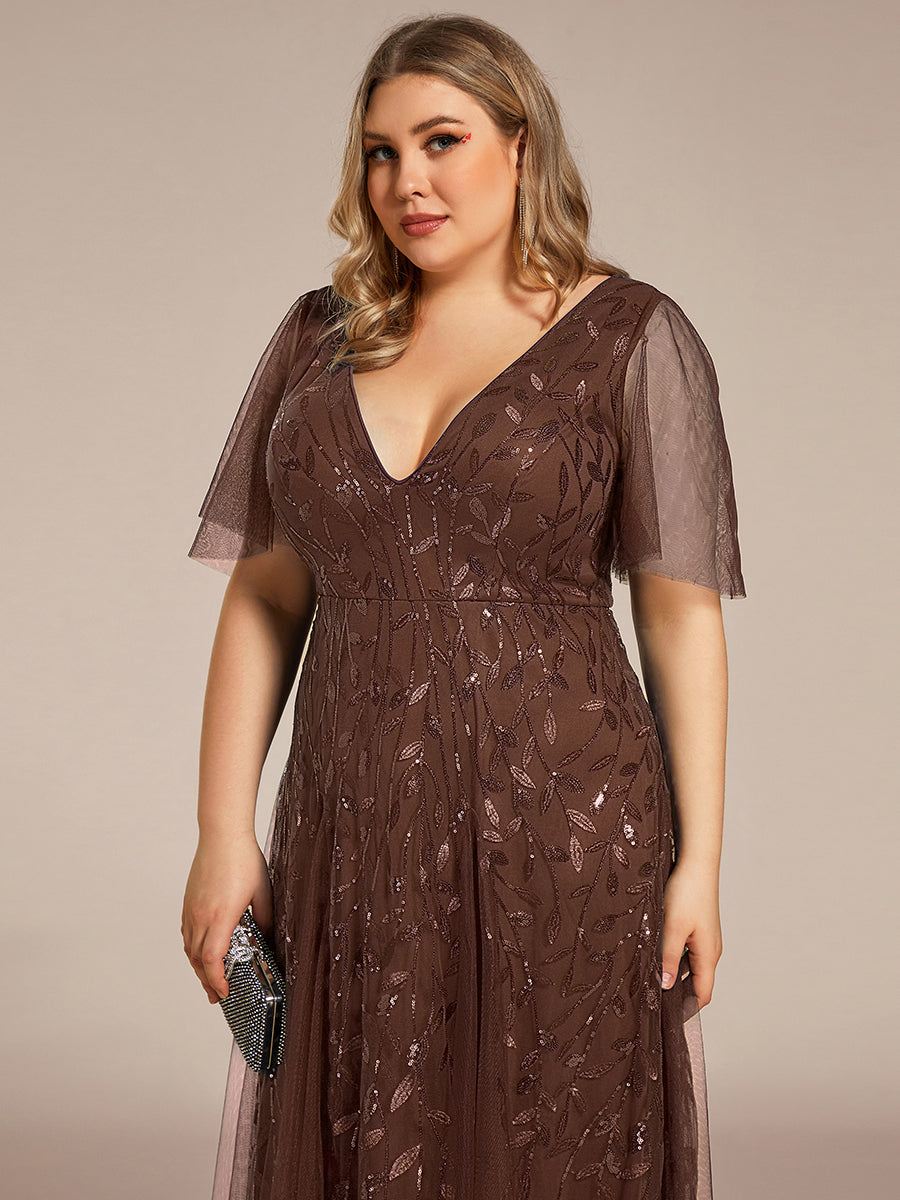 Bodenlanger V-Ausschnitt A-Linie Pailletten Kleid Mit Tiefem V-Ausschnitt Und Funkelnden Details #Farbe_Braun