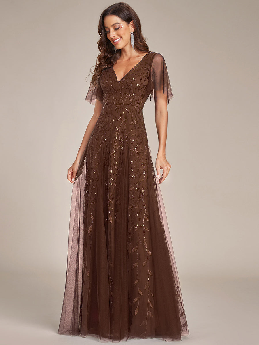 Bodenlanger V-Ausschnitt A-Linie Pailletten Kleid Mit Tiefem V-Ausschnitt Und Funkelnden Details #Farbe_Braun