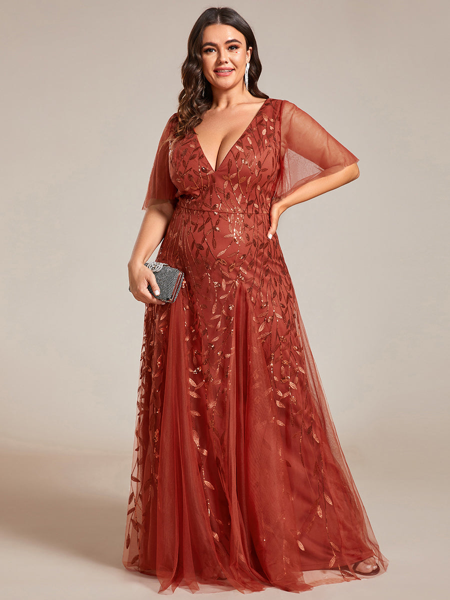 Bodenlanger V-Ausschnitt A-Linie Pailletten Kleid Mit Tiefem V-Ausschnitt Und Funkelnden Details #Farbe_Gebranntes Orange