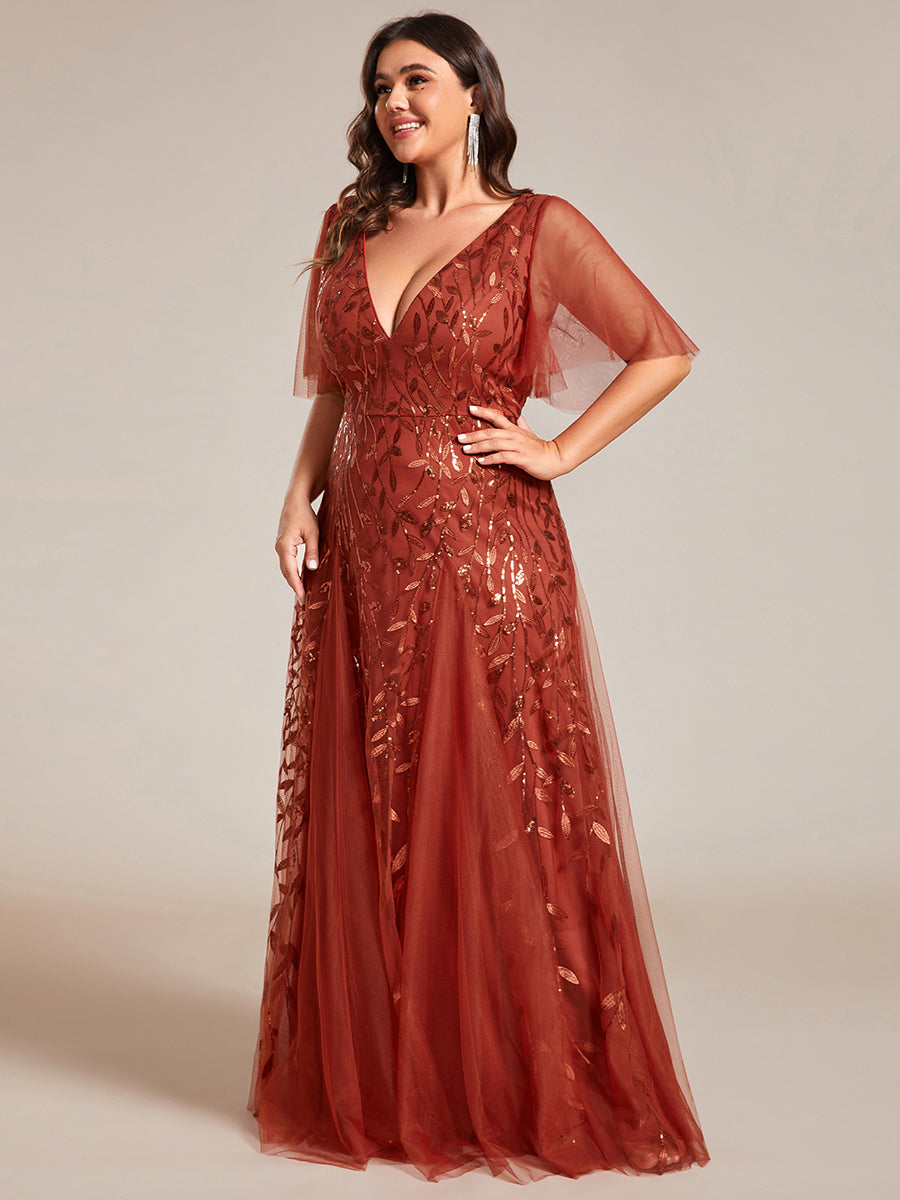 Bodenlanger V-Ausschnitt A-Linie Pailletten Kleid Mit Tiefem V-Ausschnitt Und Funkelnden Details #Farbe_Gebranntes Orange
