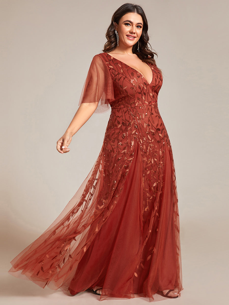 Bodenlanger V-Ausschnitt A-Linie Pailletten Kleid Mit Tiefem V-Ausschnitt Und Funkelnden Details #Farbe_Gebranntes Orange