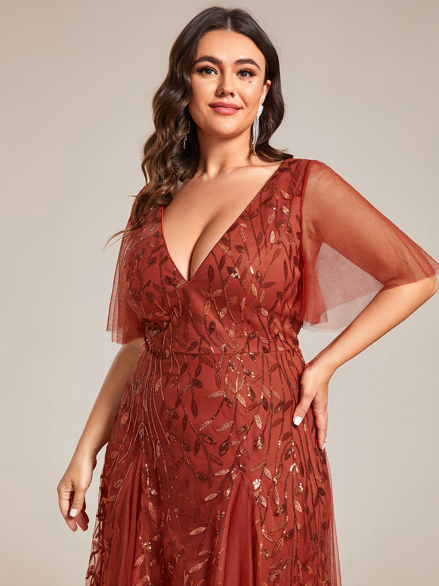 Bodenlanger V-Ausschnitt A-Linie Pailletten Kleid Mit Tiefem V-Ausschnitt Und Funkelnden Details #Farbe_Gebranntes Orange