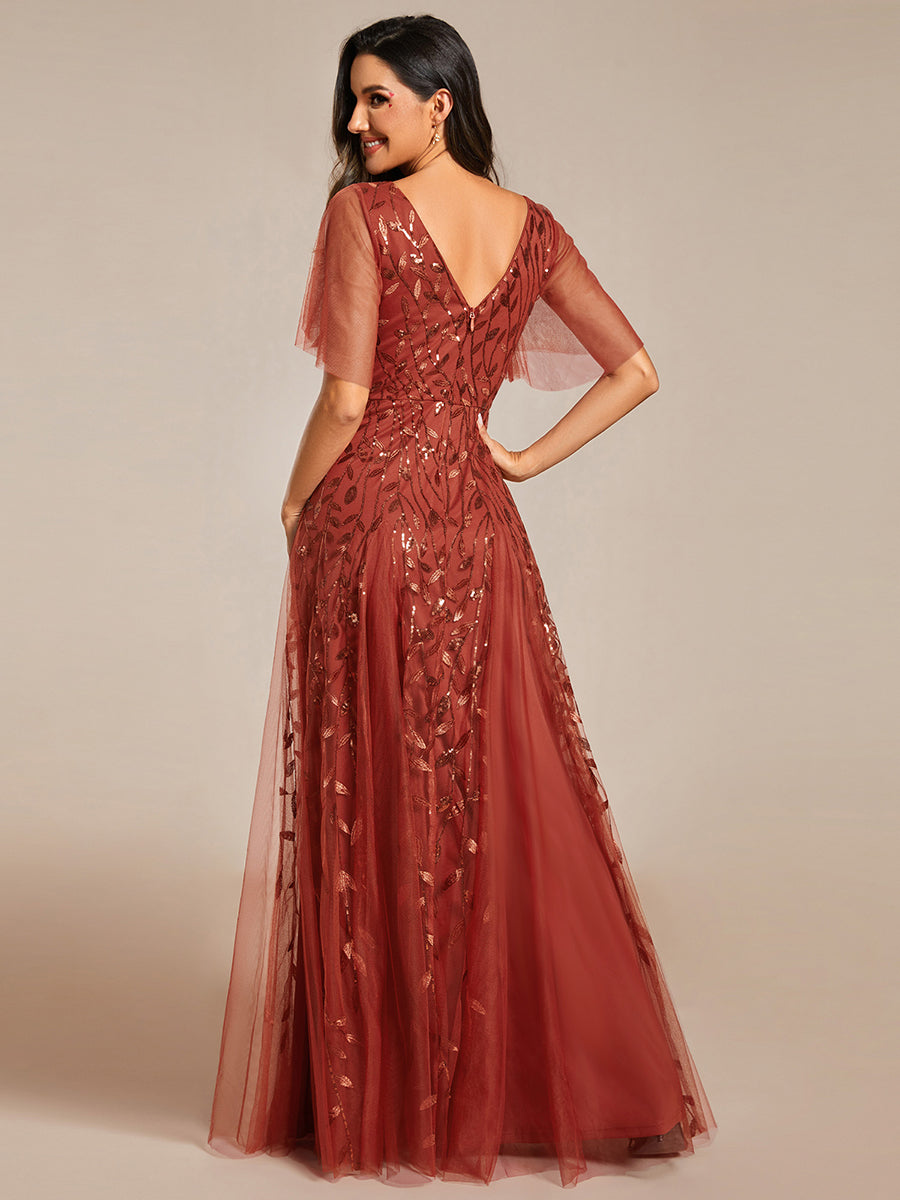 Bodenlanger V-Ausschnitt A-Linie Pailletten Kleid Mit Tiefem V-Ausschnitt Und Funkelnden Details #Farbe_Gebranntes Orange