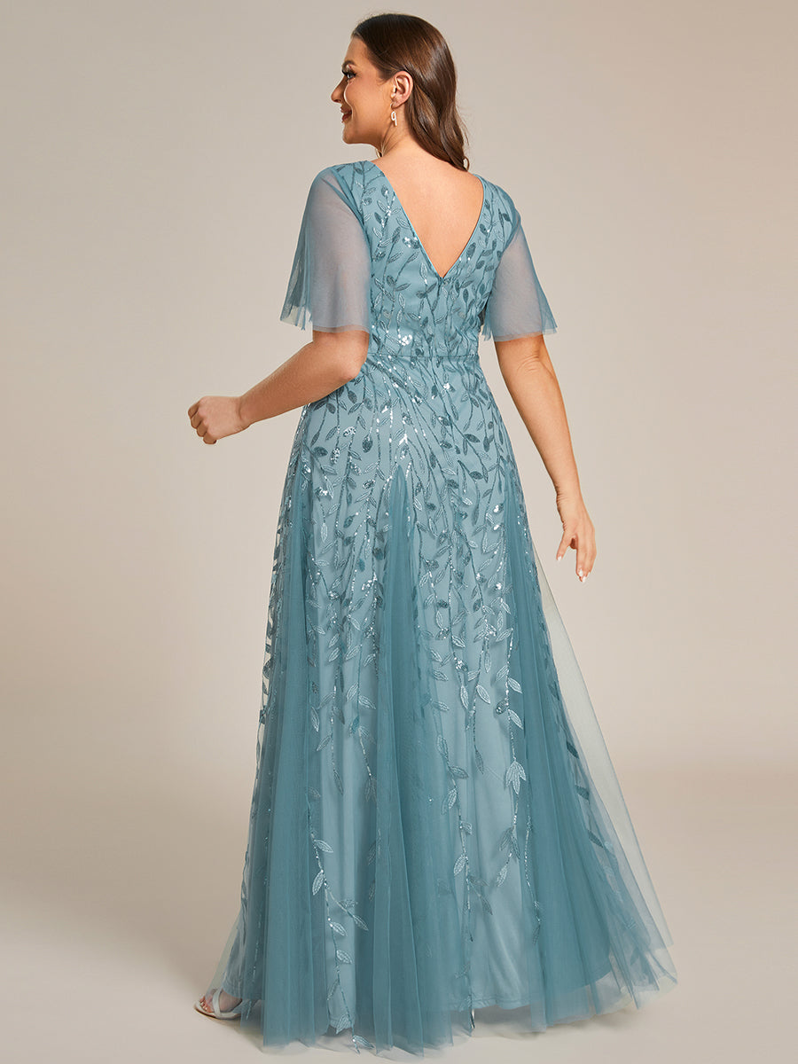 Bodenlanger V-Ausschnitt A-Linie Pailletten Kleid Mit Tiefem V-Ausschnitt Und Funkelnden Details #Farbe_Hellpetrol
