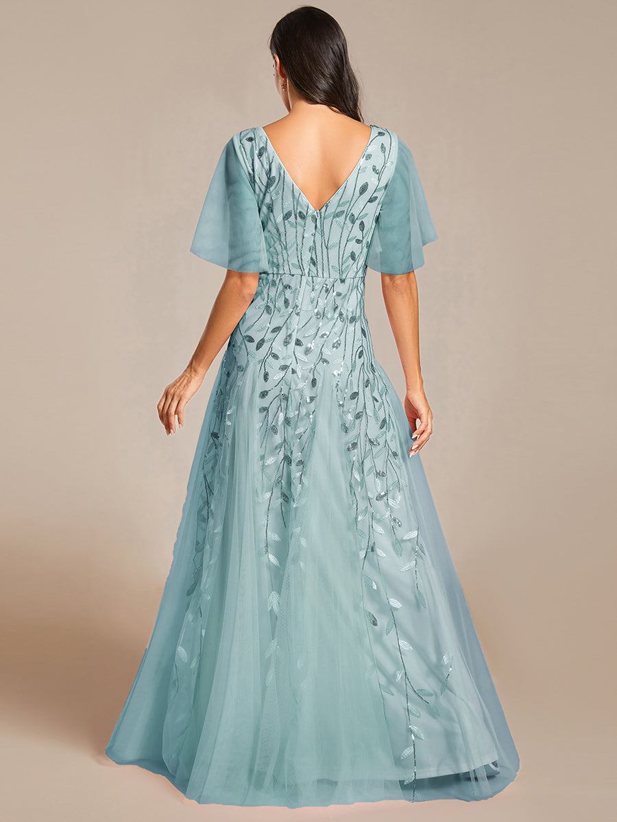 Bodenlanger V-Ausschnitt A-Linie Pailletten Kleid Mit Tiefem V-Ausschnitt Und Funkelnden Details #Farbe_Hellpetrol