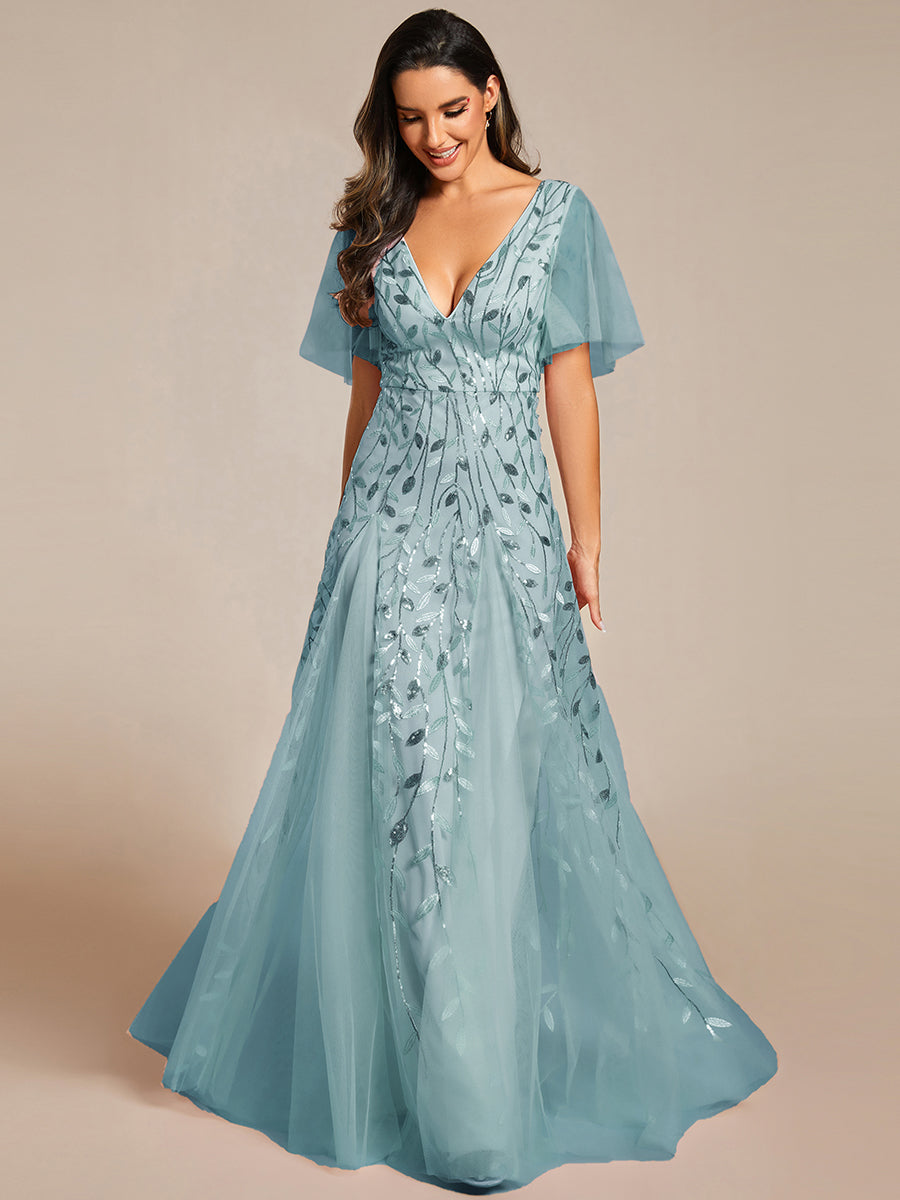 Bodenlanger V-Ausschnitt A-Linie Pailletten Kleid Mit Tiefem V-Ausschnitt Und Funkelnden Details #Farbe_Hellpetrol