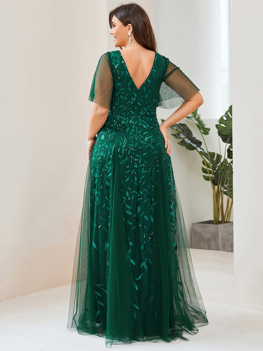 Bodenlanger V-Ausschnitt A-Linie Pailletten Kleid Mit Tiefem V-Ausschnitt Und Funkelnden Details #Farbe_Dunkelgrün