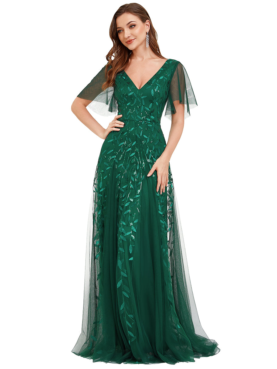 Bodenlanger V-Ausschnitt A-Linie Pailletten Kleid Mit Tiefem V-Ausschnitt Und Funkelnden Details #Farbe_Dunkelgrün