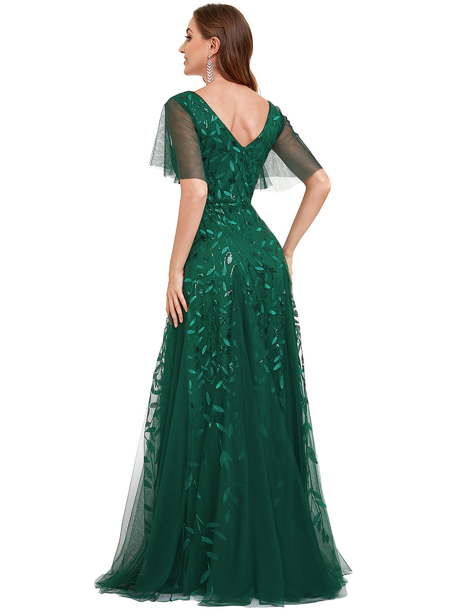 Bodenlanger V-Ausschnitt A-Linie Pailletten Kleid Mit Tiefem V-Ausschnitt Und Funkelnden Details #Farbe_Dunkelgrün