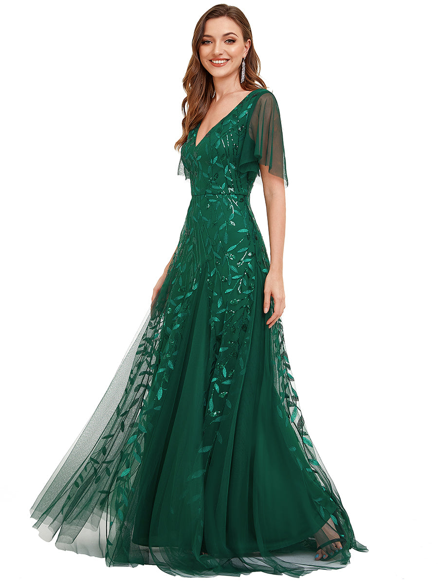 Bodenlanger V-Ausschnitt A-Linie Pailletten Kleid Mit Tiefem V-Ausschnitt Und Funkelnden Details #Farbe_Dunkelgrün