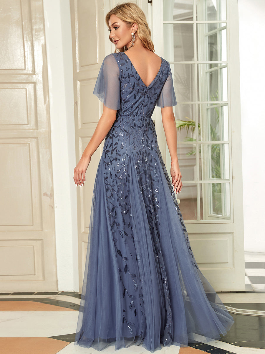 Bodenlanger V-Ausschnitt A-Linie Pailletten Kleid Mit Tiefem V-Ausschnitt Und Funkelnden Details #Farbe_Taubenblau