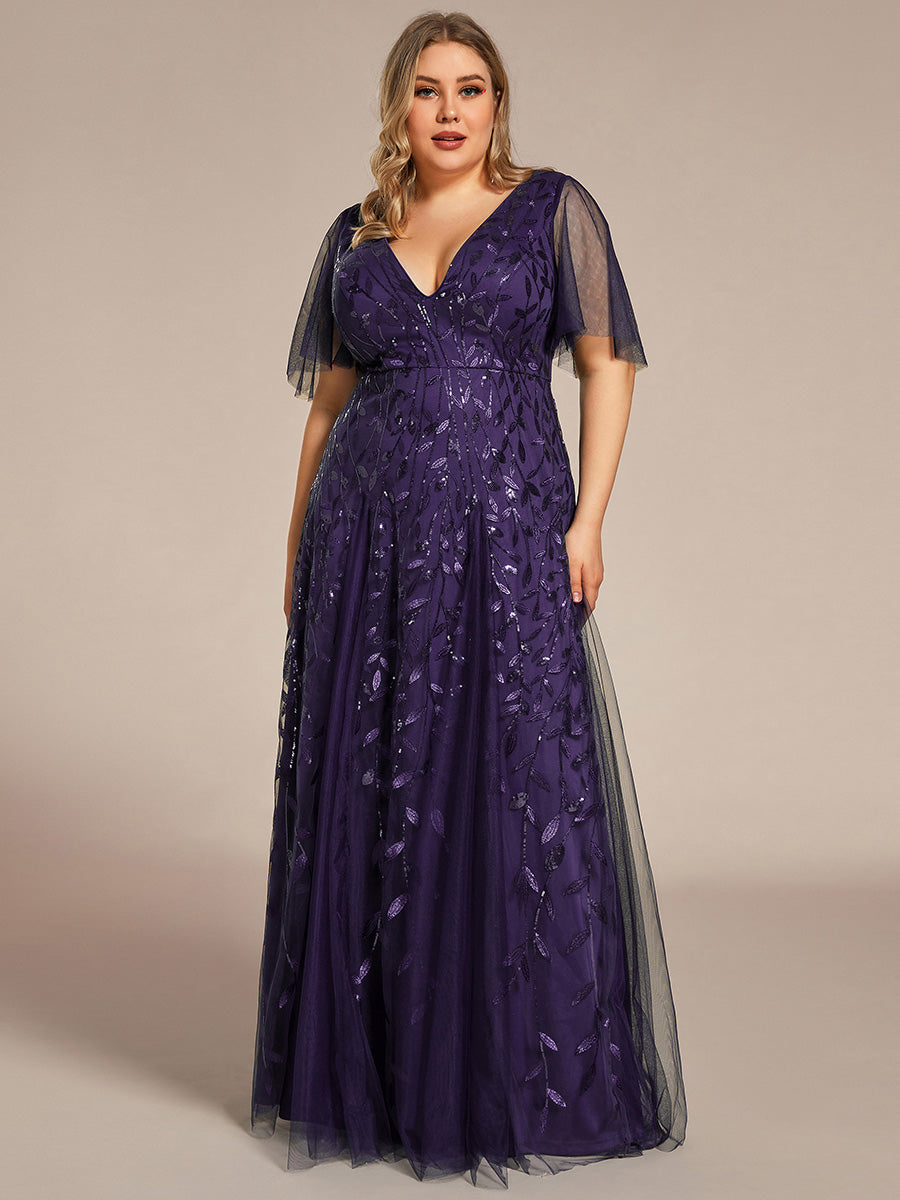 Bodenlanger V-Ausschnitt A-Linie Pailletten Kleid Mit Tiefem V-Ausschnitt Und Funkelnden Details #Farbe_Dunkelviolett