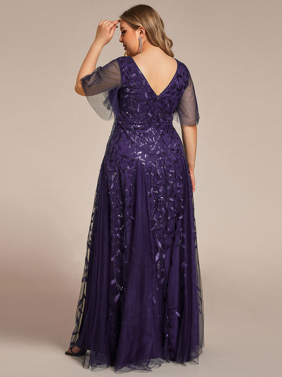 Bodenlanger V-Ausschnitt A-Linie Pailletten Kleid Mit Tiefem V-Ausschnitt Und Funkelnden Details #Farbe_Dunkelviolett