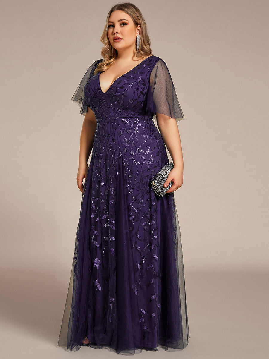 Bodenlanger V-Ausschnitt A-Linie Pailletten Kleid Mit Tiefem V-Ausschnitt Und Funkelnden Details #Farbe_Dunkelviolett