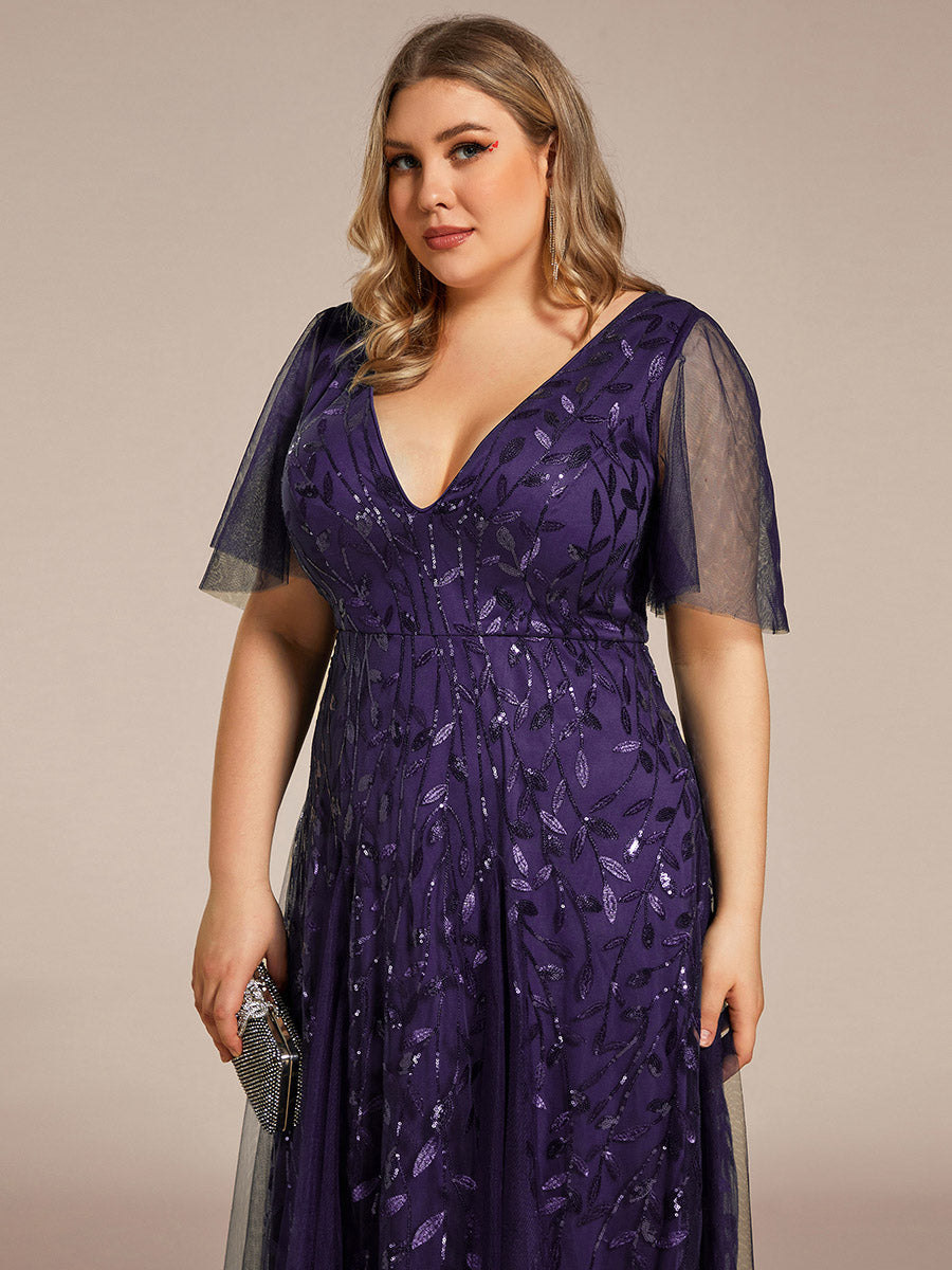 Bodenlanger V-Ausschnitt A-Linie Pailletten Kleid Mit Tiefem V-Ausschnitt Und Funkelnden Details #Farbe_Dunkelviolett
