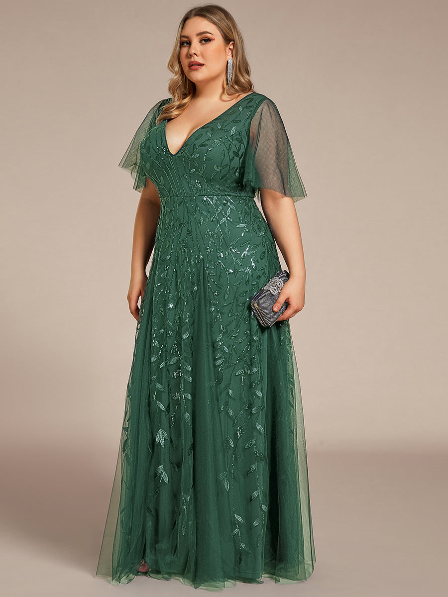 Bodenlanger V-Ausschnitt A-Linie Pailletten Kleid Mit Tiefem V-Ausschnitt Und Funkelnden Details #Farbe_Eukalyptus