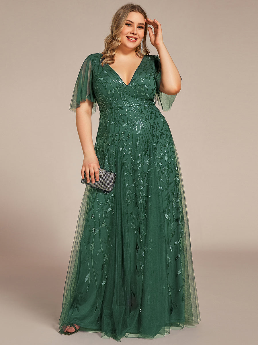 Bodenlanger V-Ausschnitt A-Linie Pailletten Kleid Mit Tiefem V-Ausschnitt Und Funkelnden Details #Farbe_Eukalyptus