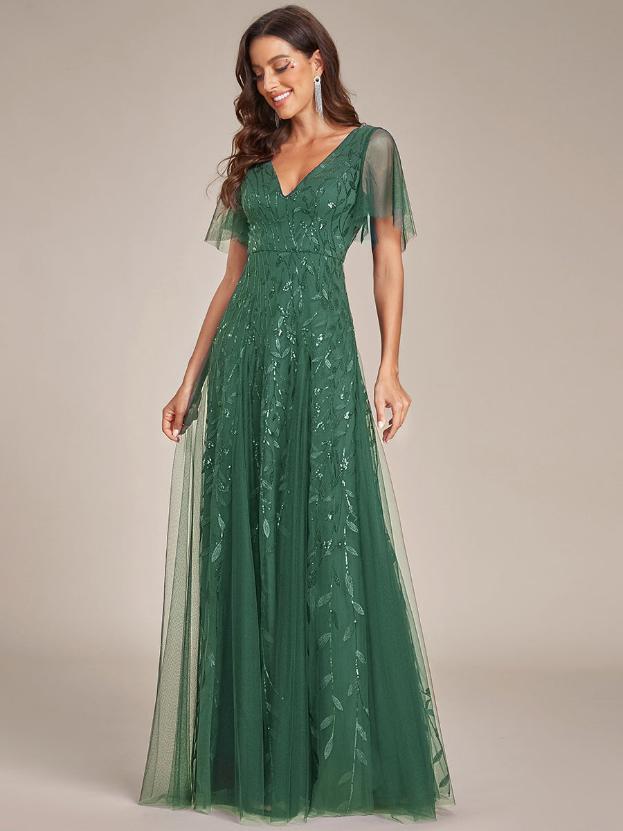 Bodenlanger V-Ausschnitt A-Linie Pailletten Kleid Mit Tiefem V-Ausschnitt Und Funkelnden Details #Farbe_Eukalyptus
