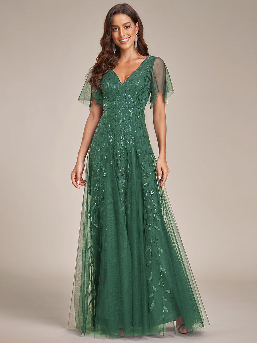Bodenlanger V-Ausschnitt A-Linie Pailletten Kleid Mit Tiefem V-Ausschnitt Und Funkelnden Details #Farbe_Eukalyptus
