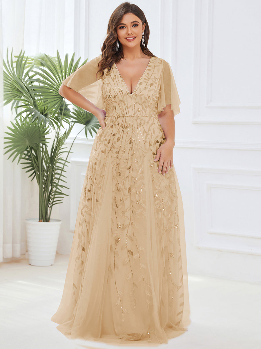 Bodenlanger V-Ausschnitt A-Linie Pailletten Kleid Mit Tiefem V-Ausschnitt Und Funkelnden Details #Farbe_Gold