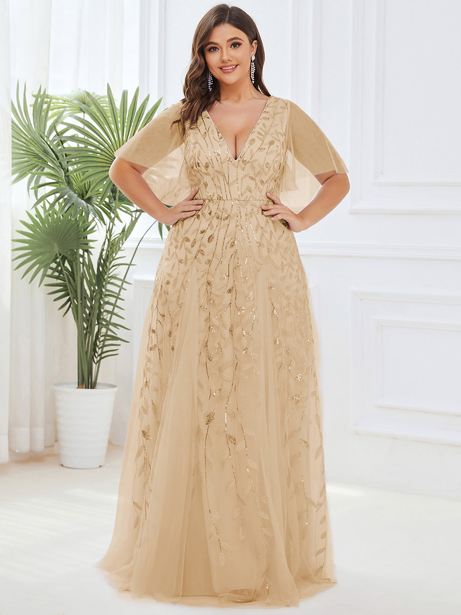 Bodenlanger V-Ausschnitt A-Linie Pailletten Kleid Mit Tiefem V-Ausschnitt Und Funkelnden Details #Farbe_Gold