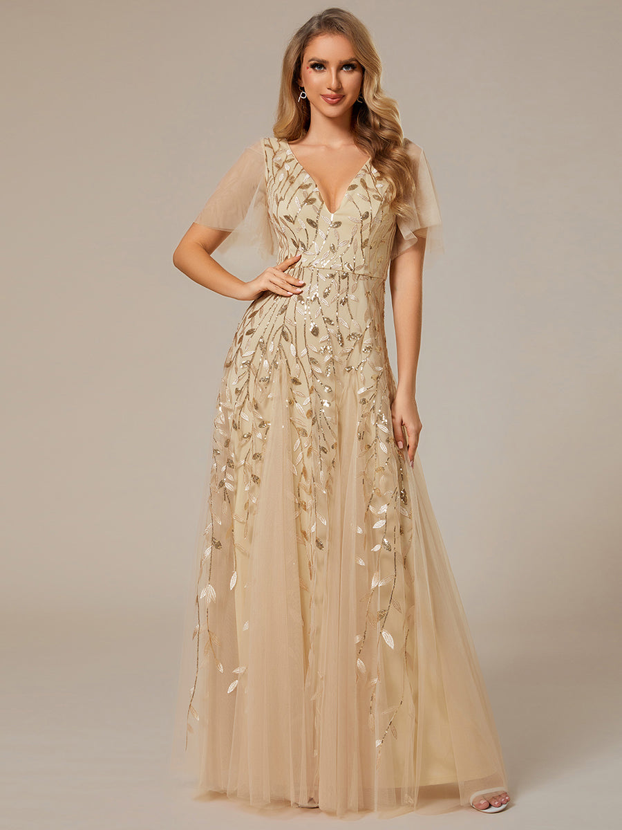 Bodenlanger V-Ausschnitt A-Linie Pailletten Kleid Mit Tiefem V-Ausschnitt Und Funkelnden Details #Farbe_Gold
