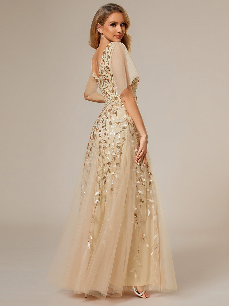 Bodenlanger V-Ausschnitt A-Linie Pailletten Kleid Mit Tiefem V-Ausschnitt Und Funkelnden Details #Farbe_Gold