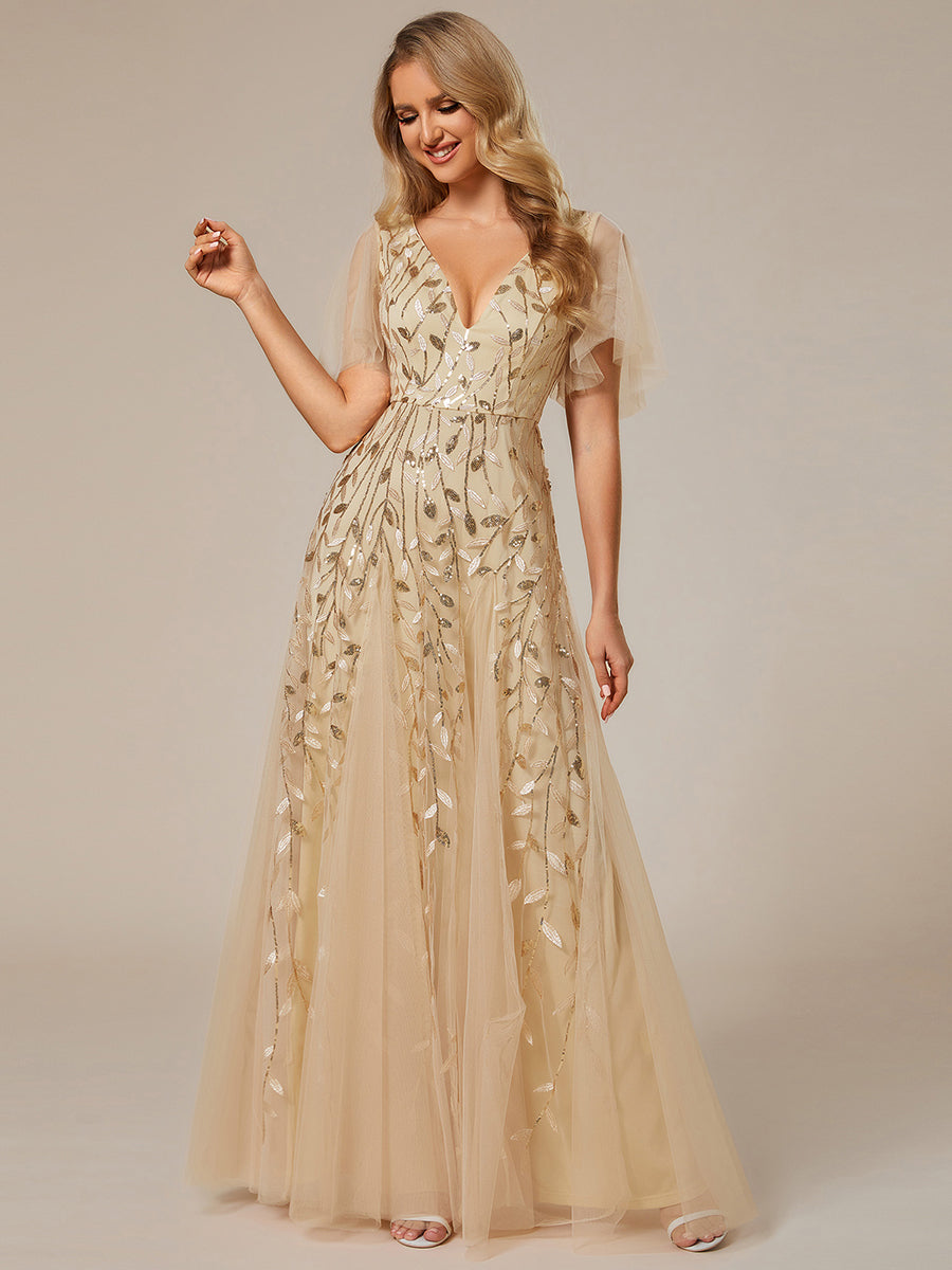Bodenlanger V-Ausschnitt A-Linie Pailletten Kleid Mit Tiefem V-Ausschnitt Und Funkelnden Details #Farbe_Gold