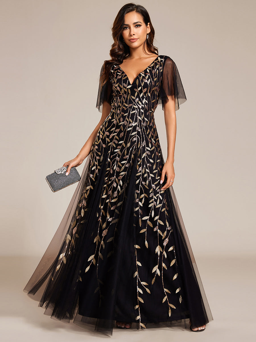 Bodenlanger V-Ausschnitt A-Linie Pailletten Kleid Mit Tiefem V-Ausschnitt Und Funkelnden Details #Farbe_Schwarz & Gold