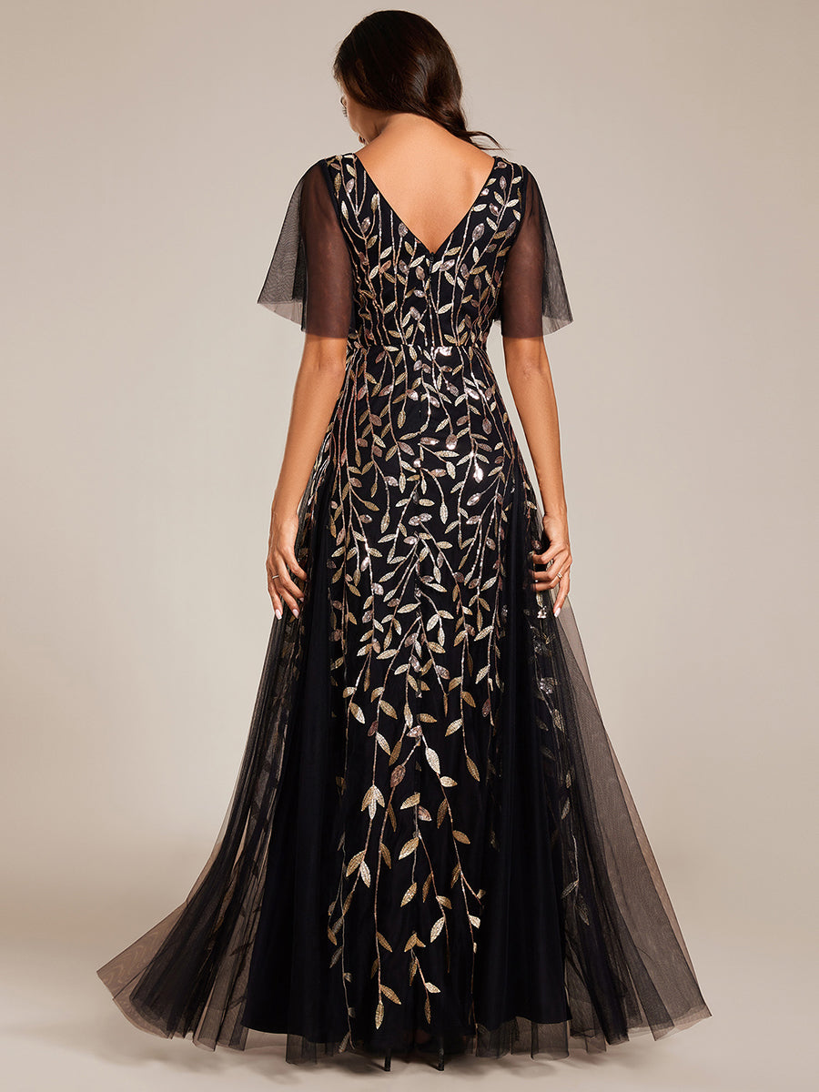 Bodenlanger V-Ausschnitt A-Linie Pailletten Kleid Mit Tiefem V-Ausschnitt Und Funkelnden Details #Farbe_Schwarz & Gold