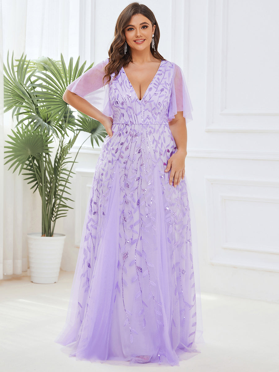 Bodenlanger V-Ausschnitt A-Linie Pailletten Kleid Mit Tiefem V-Ausschnitt Und Funkelnden Details #Farbe_Lavendel