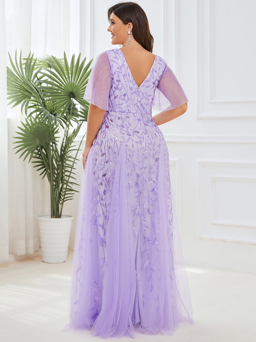 Bodenlanger V-Ausschnitt A-Linie Pailletten Kleid Mit Tiefem V-Ausschnitt Und Funkelnden Details #Farbe_Lavendel