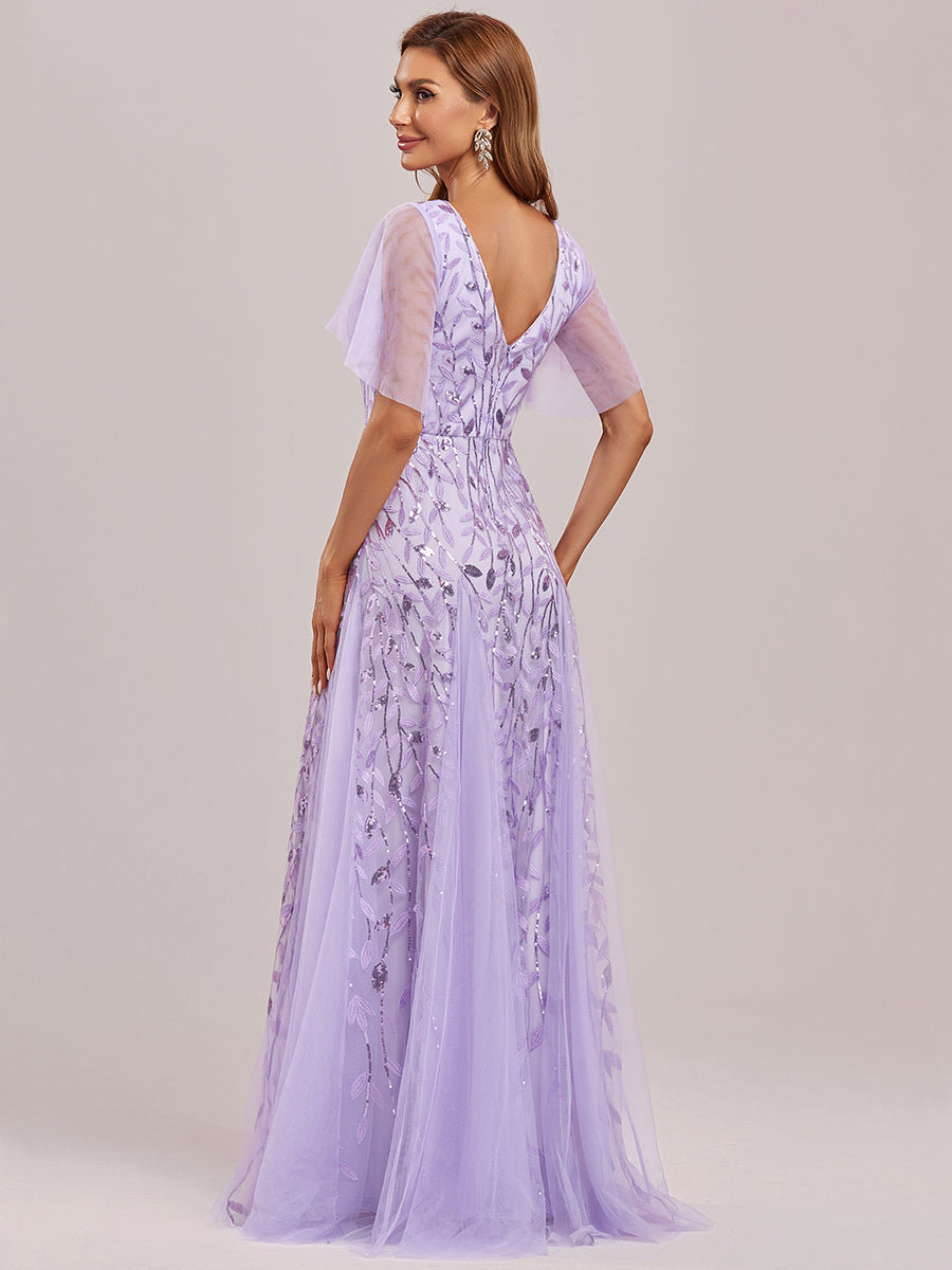 Bodenlanger V-Ausschnitt A-Linie Pailletten Kleid Mit Tiefem V-Ausschnitt Und Funkelnden Details #Farbe_Lavendel