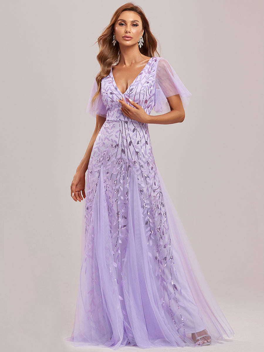 Bodenlanger V-Ausschnitt A-Linie Pailletten Kleid Mit Tiefem V-Ausschnitt Und Funkelnden Details #Farbe_Lavendel