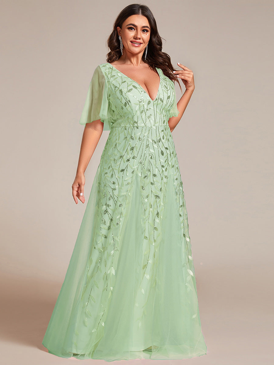 Bodenlanger V-Ausschnitt A-Linie Pailletten Kleid Mit Tiefem V-Ausschnitt Und Funkelnden Details #Farbe_Mintgrün