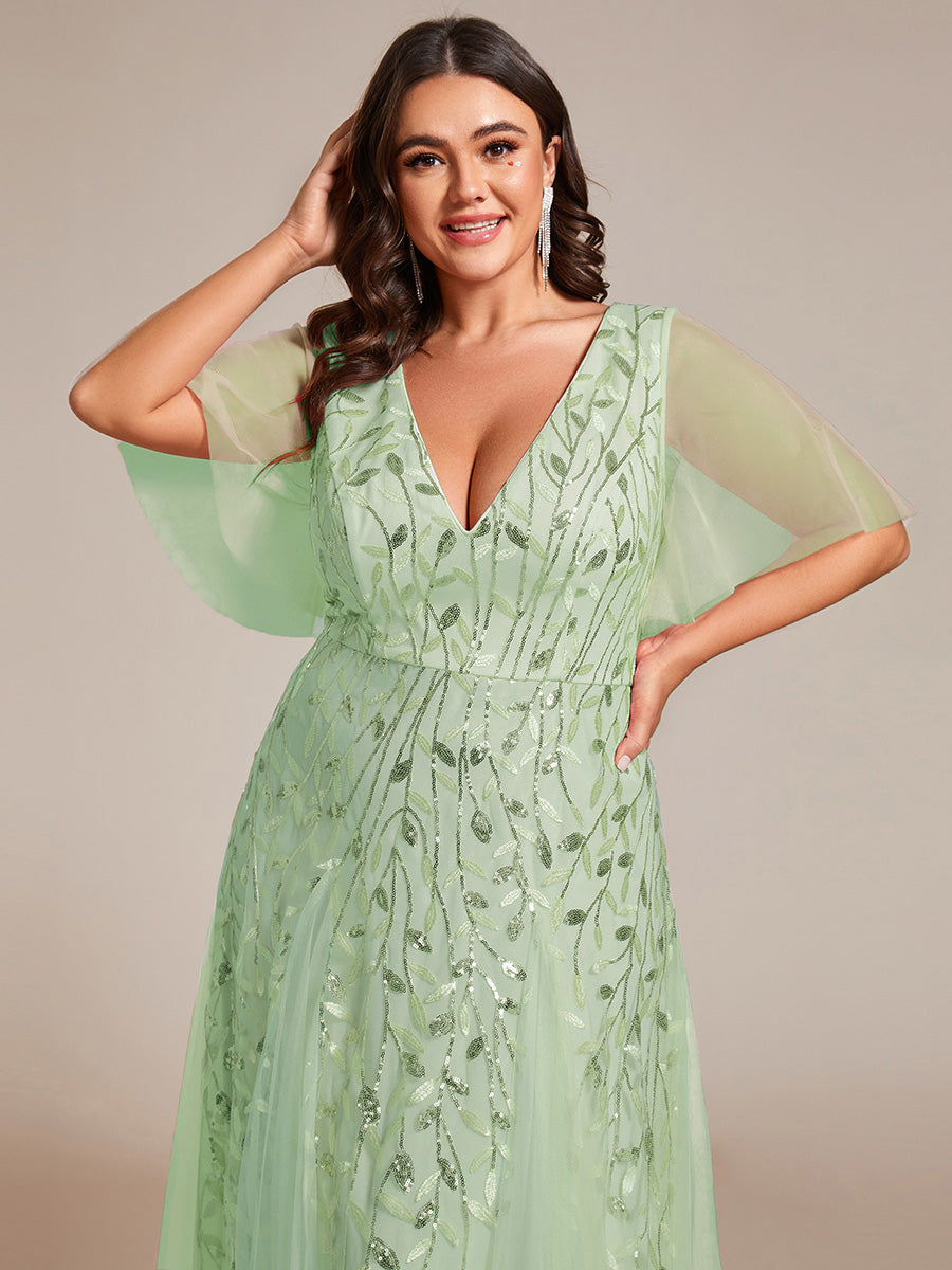 Bodenlanger V-Ausschnitt A-Linie Pailletten Kleid Mit Tiefem V-Ausschnitt Und Funkelnden Details #Farbe_Mintgrün