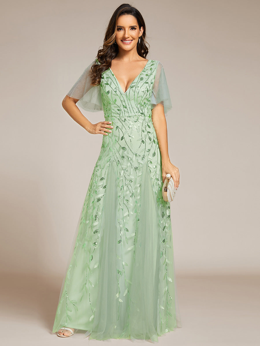 Bodenlanger V-Ausschnitt A-Linie Pailletten Kleid Mit Tiefem V-Ausschnitt Und Funkelnden Details #Farbe_Mintgrün