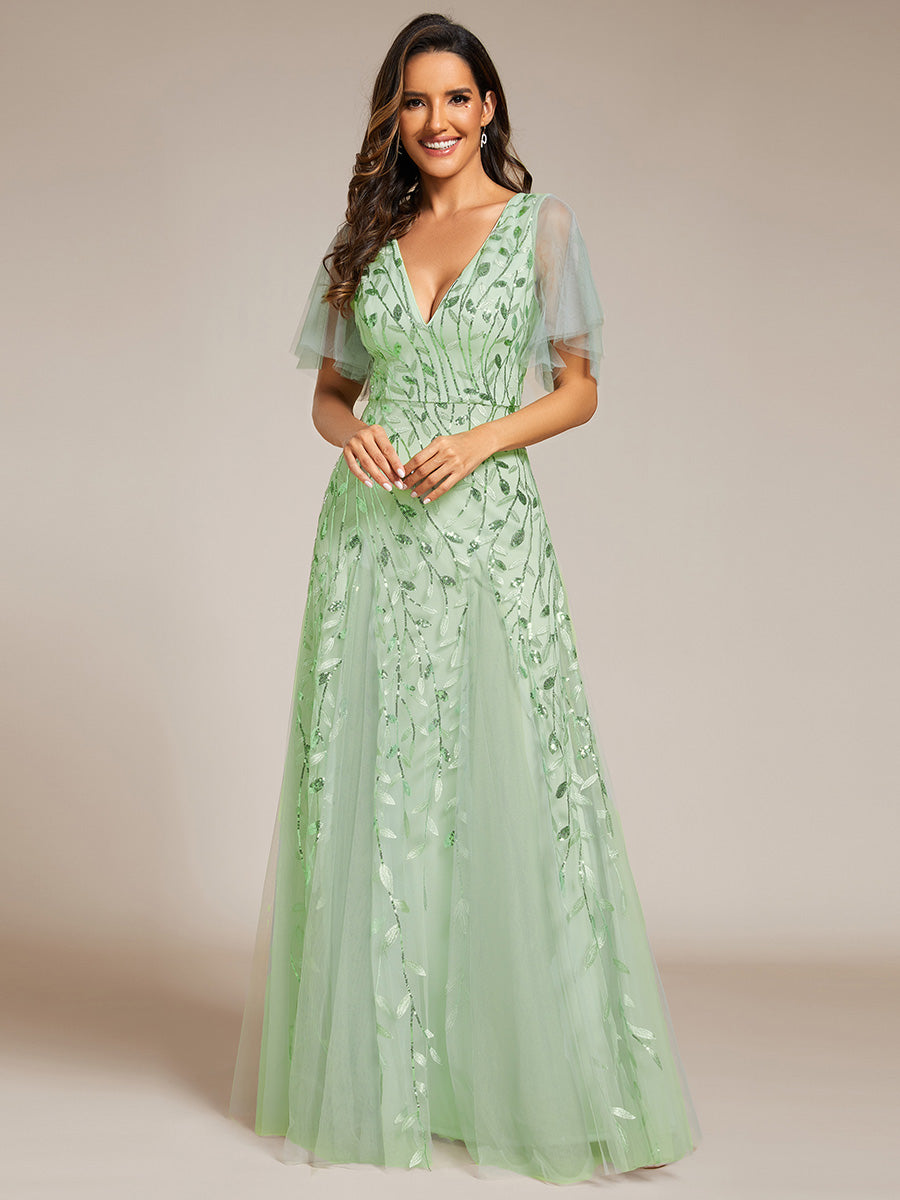 Bodenlanger V-Ausschnitt A-Linie Pailletten Kleid Mit Tiefem V-Ausschnitt Und Funkelnden Details #Farbe_Mintgrün