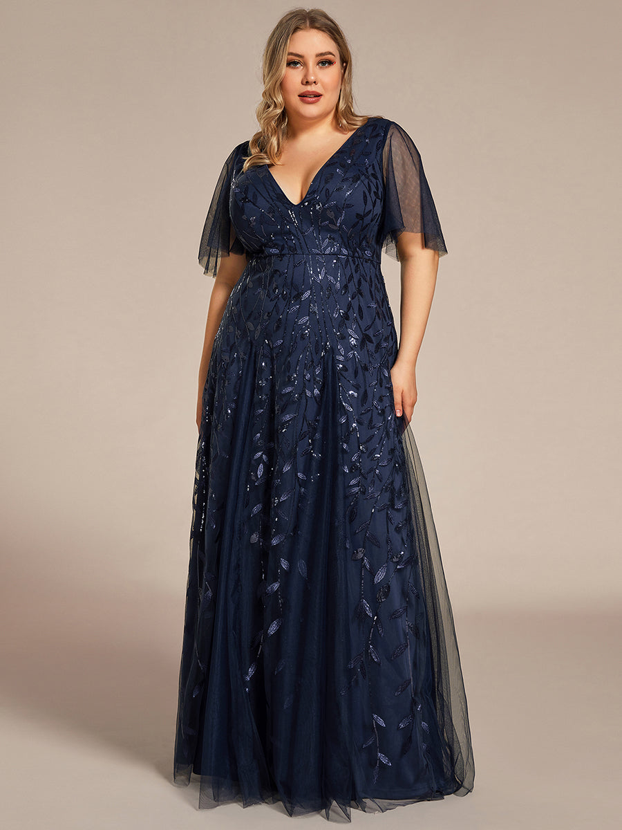 Bodenlanger V-Ausschnitt A-Linie Pailletten Kleid Mit Tiefem V-Ausschnitt Und Funkelnden Details #Farbe_Marineblau