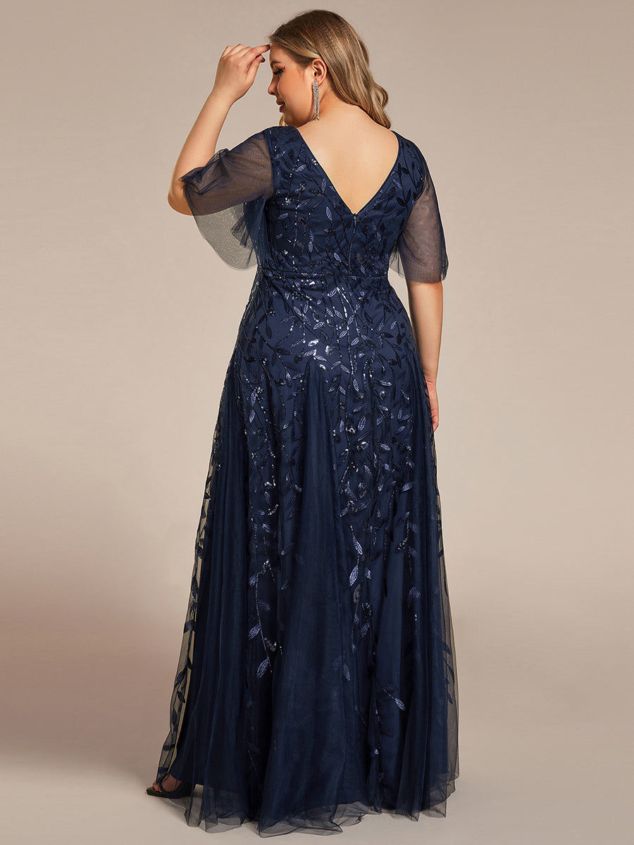 Bodenlanger V-Ausschnitt A-Linie Pailletten Kleid Mit Tiefem V-Ausschnitt Und Funkelnden Details #Farbe_Marineblau