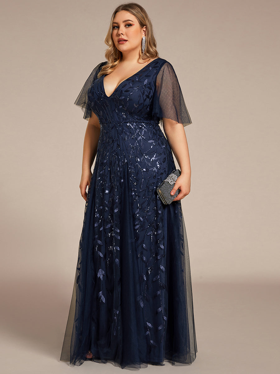 Bodenlanger V-Ausschnitt A-Linie Pailletten Kleid Mit Tiefem V-Ausschnitt Und Funkelnden Details #Farbe_Marineblau