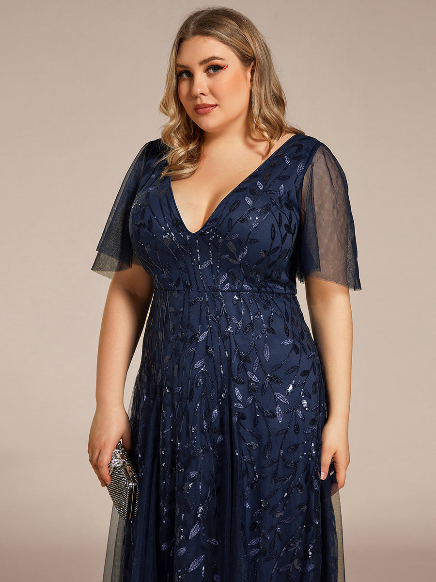Bodenlanger V-Ausschnitt A-Linie Pailletten Kleid Mit Tiefem V-Ausschnitt Und Funkelnden Details #Farbe_Marineblau