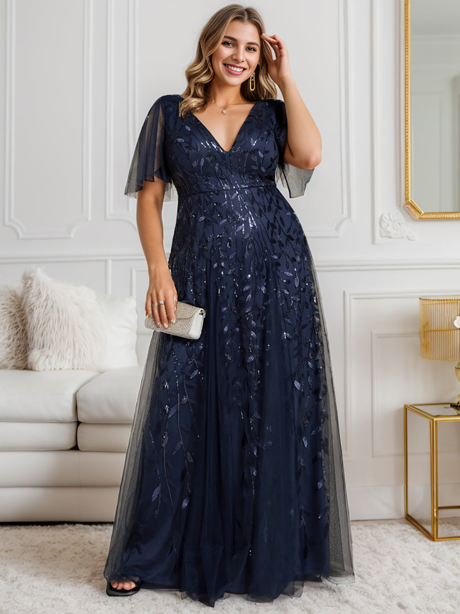 Bodenlanger V-Ausschnitt A-Linie Pailletten Kleid Mit Tiefem V-Ausschnitt Und Funkelnden Details #Farbe_Marineblau