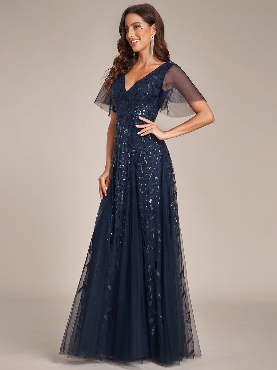 Bodenlanger V-Ausschnitt A-Linie Pailletten Kleid Mit Tiefem V-Ausschnitt Und Funkelnden Details #Farbe_Marineblau