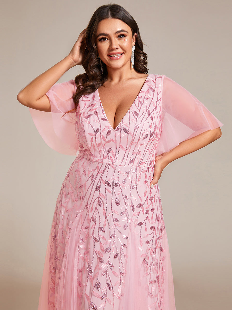 Bodenlanger V-Ausschnitt A-Linie Pailletten Kleid Mit Tiefem V-Ausschnitt Und Funkelnden Details #Farbe_Pink