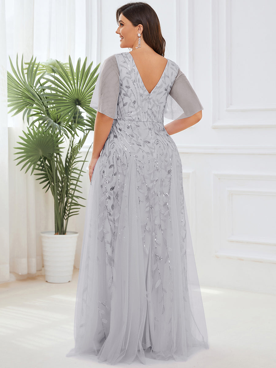 Bodenlanger V-Ausschnitt A-Linie Pailletten Kleid Mit Tiefem V-Ausschnitt Und Funkelnden Details #Farbe_Silber