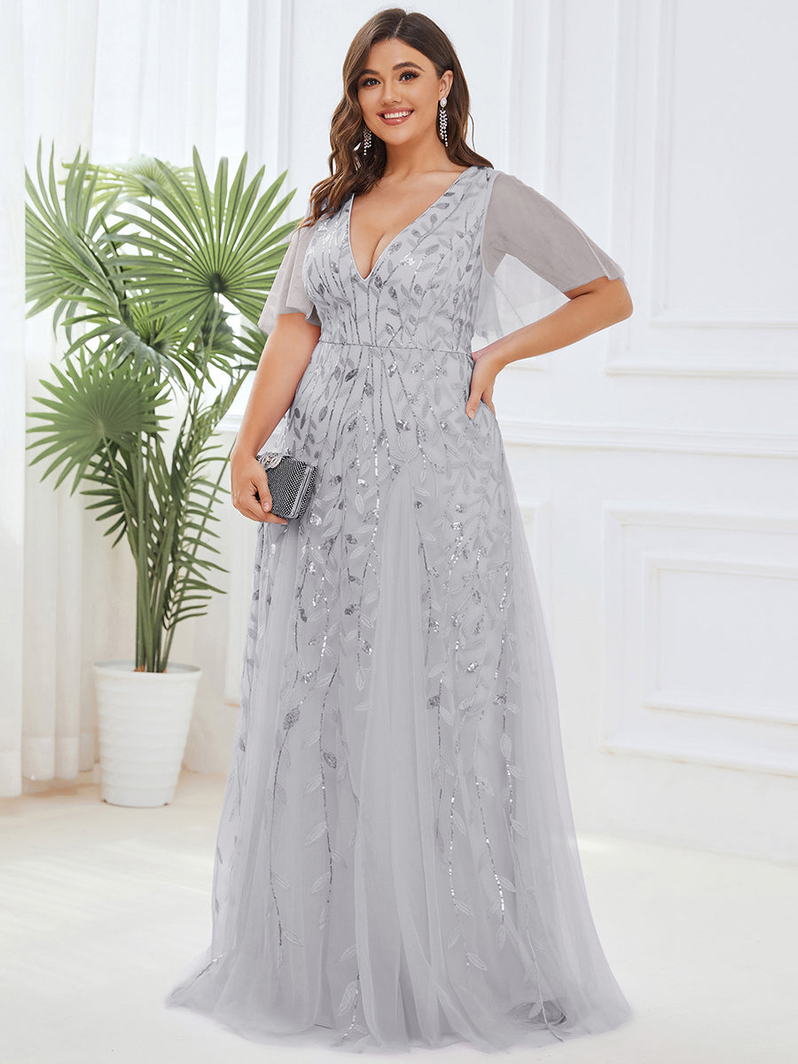 Bodenlanger V-Ausschnitt A-Linie Pailletten Kleid Mit Tiefem V-Ausschnitt Und Funkelnden Details #Farbe_Silber