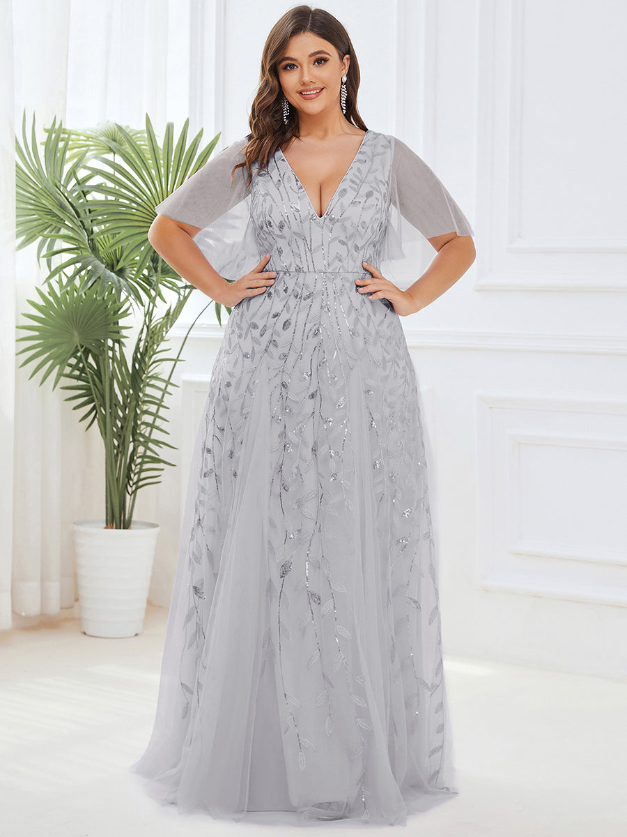 Bodenlanger V-Ausschnitt A-Linie Pailletten Kleid Mit Tiefem V-Ausschnitt Und Funkelnden Details #Farbe_Silber