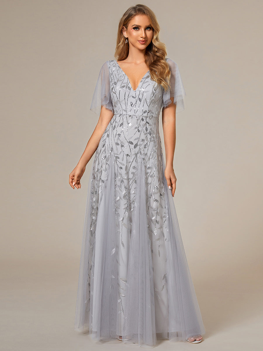 Bodenlanger V-Ausschnitt A-Linie Pailletten Kleid Mit Tiefem V-Ausschnitt Und Funkelnden Details #Farbe_Silber