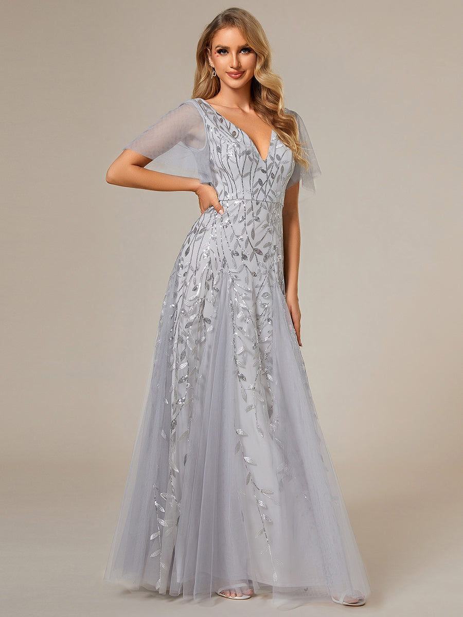 Bodenlanger V-Ausschnitt A-Linie Pailletten Kleid Mit Tiefem V-Ausschnitt Und Funkelnden Details #Farbe_Silber